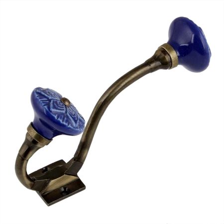 Navy Blue Wheel Flower Ceramic Antique Iron Hook